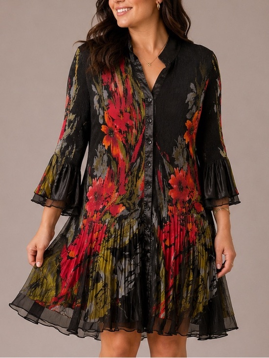 Elena Wang Dresses & Skirts - ✨ Elena Wang Vintage Floral Pleated Dress Size M Black Red Olive Statement Sleev